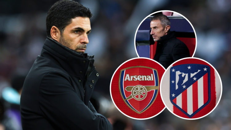 Mikel Arteta looking pensive with three insets: an Arsenal badge, an Atlético Madrid badge, and Andrea Berta.