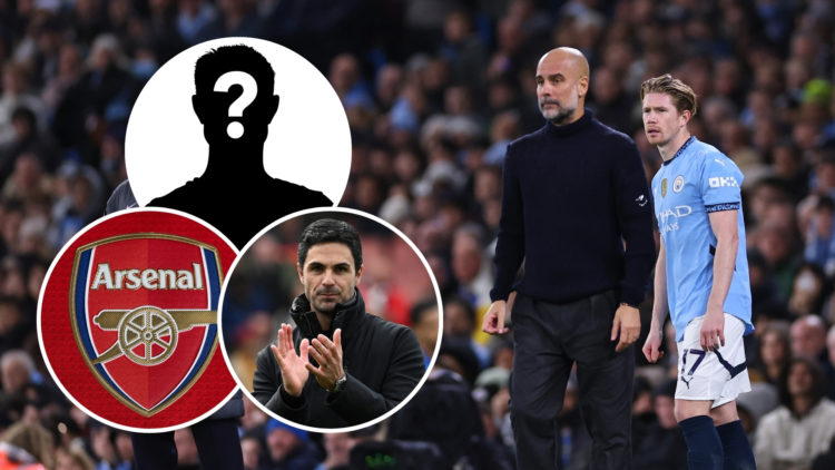 An image of Kevin De Bruyne and Pep Guardiola together, with insets of the Arsenal badge, Mikel Arteta, and a mystery silhouette.