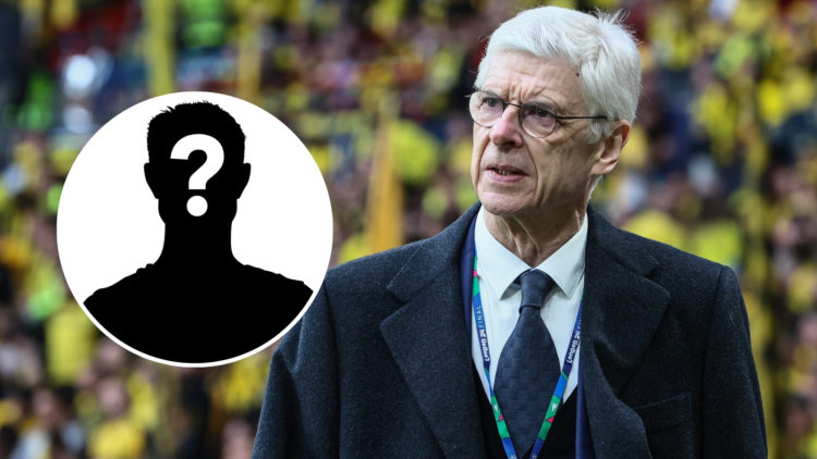 Arsène Wenger looking on during a match, with an inset of a mystery player silhouette.