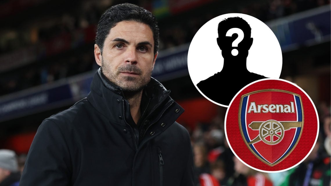 Mikel Arteta looking on in a Champions League match, with two insets featuring a mystery player silhouette and the Arsenal badge.