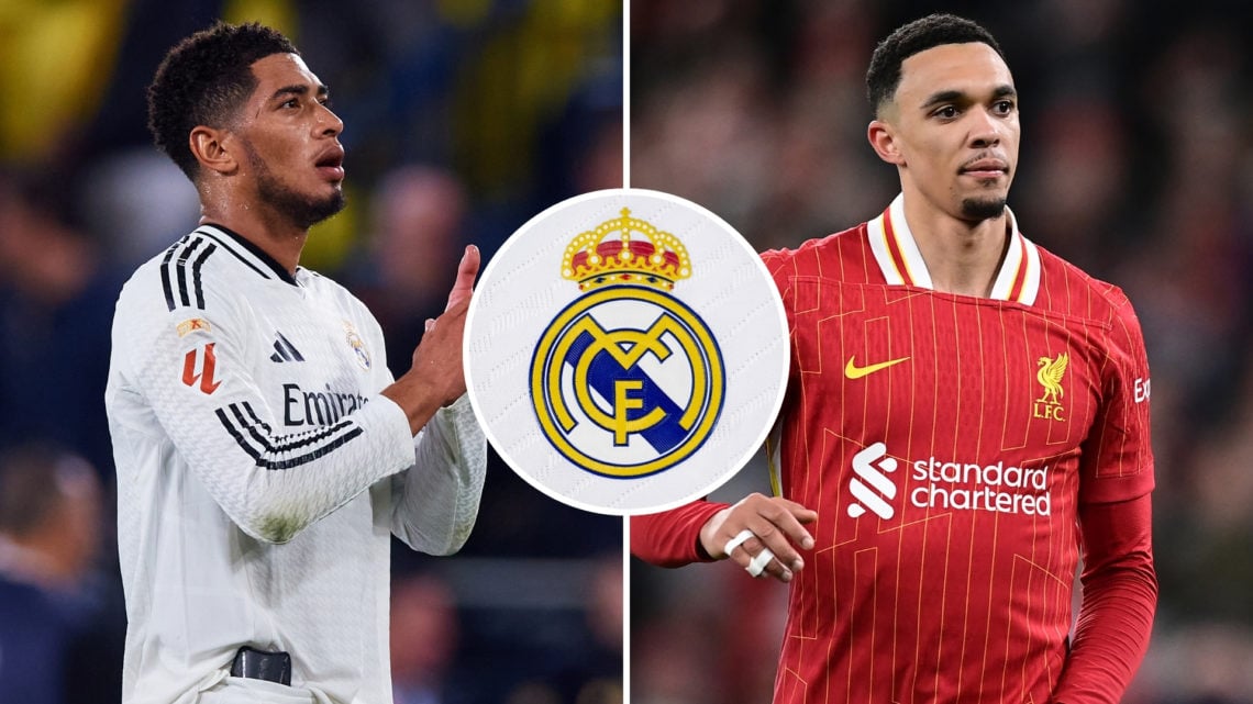 A split image of Jude Bellingham in a Real Madrid kit (left) and Trent Alexander-Arnold in Liverpool's colours (right), with the Real Madrid badge ...