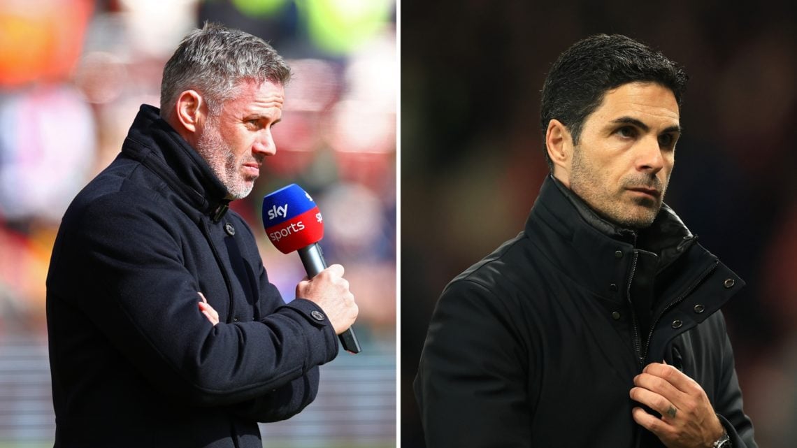 Split image of Mikel Arteta, Manager of Arsenal, acknowledging the fans after a Premier League game, and Jamie Carragher looking on ahead of a Prem...