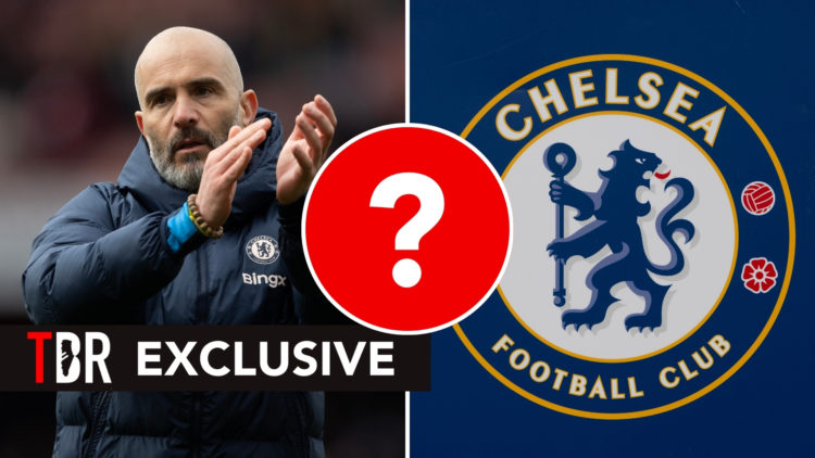 Split image of Enzo Maresca applauding the away fans after the Premier League match (left), the Chelsea badge (right), with a central inset featuri...