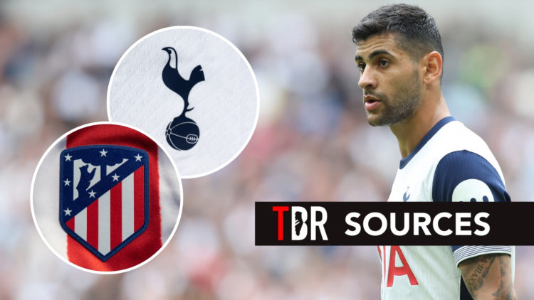 An image of Cristian Romero looking straight on with a neutral expression, accompanied by two insets: one of the Tottenham Hotspur badge and the ot...