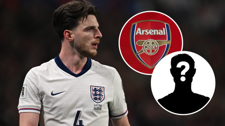 Declan Rice in an England shirt, with two insets – one of a mystery player silhouette and the other of Arsenal's badge.