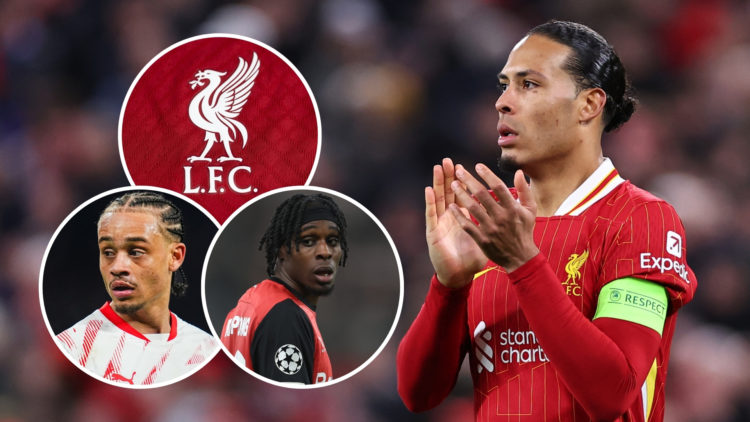Van Dijk applauds fans after a Champions League match, with three insets: one of Jeremie Frimpong, one of Xavi Simons, and one of the Liverpool badge.