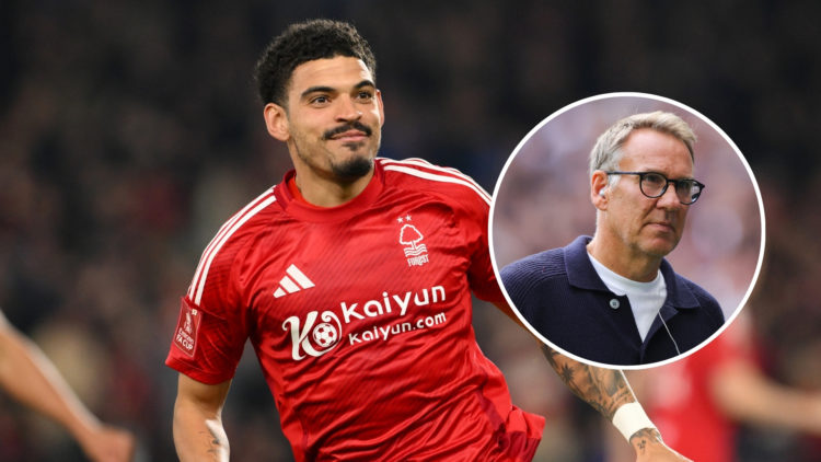 Morgan Gibbs-White of Nottingham Forest celebrates victory during an Emirates FA Cup match, with an inset of Paul Merson as a pundit.