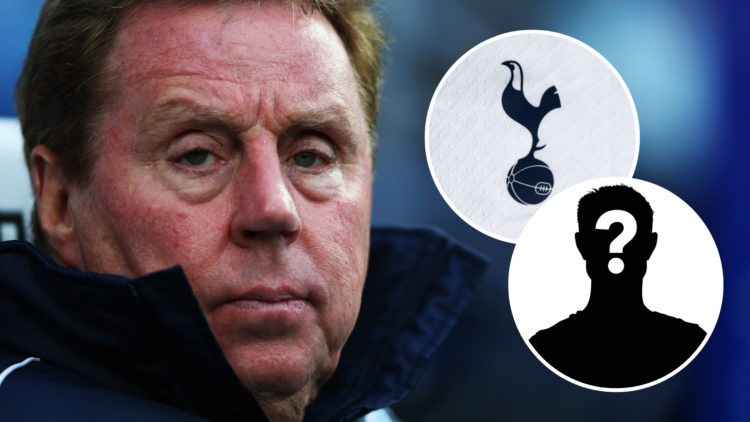 Harry Redknapp of Queens Park Rangers looks on during an FA Cup match, with an inset of the Spurs badge and a mystery player silhouette.