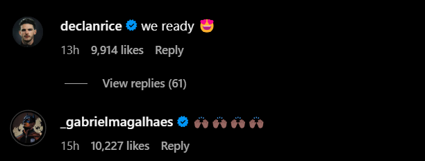 Declan Rice and Gabriel Magalhaes' replies under Arsenal Bukayo Saka's Instagram post