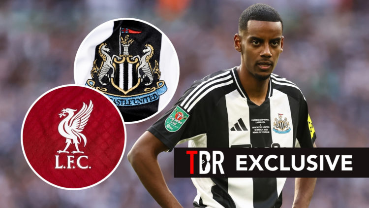 An exclusive TBR image of Alexander Isak, featuring two insets: one of the Liverpool badge and one of the Newcastle United badge.