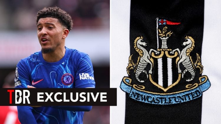 TBR Exclusive: Split image of Jadon Sancho in a Premier League match (left) and the Newcastle badge (right).