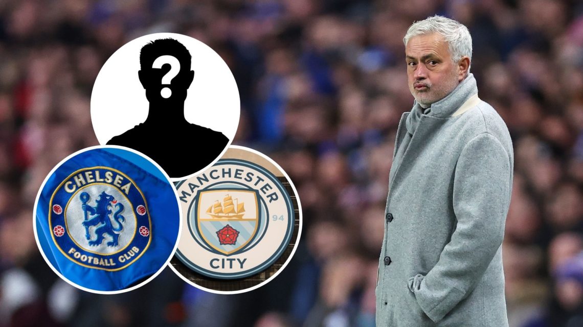 Image of Jose Mourinho with insets of the Chelsea FC, Manchester City badge and a mystery player silhouette