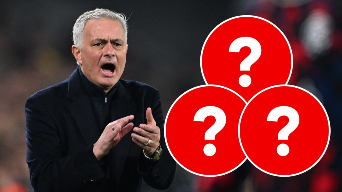 Jose Mourinho reacts during the UEFA Europa League Round of 16 first-leg match, with a question mark inset.