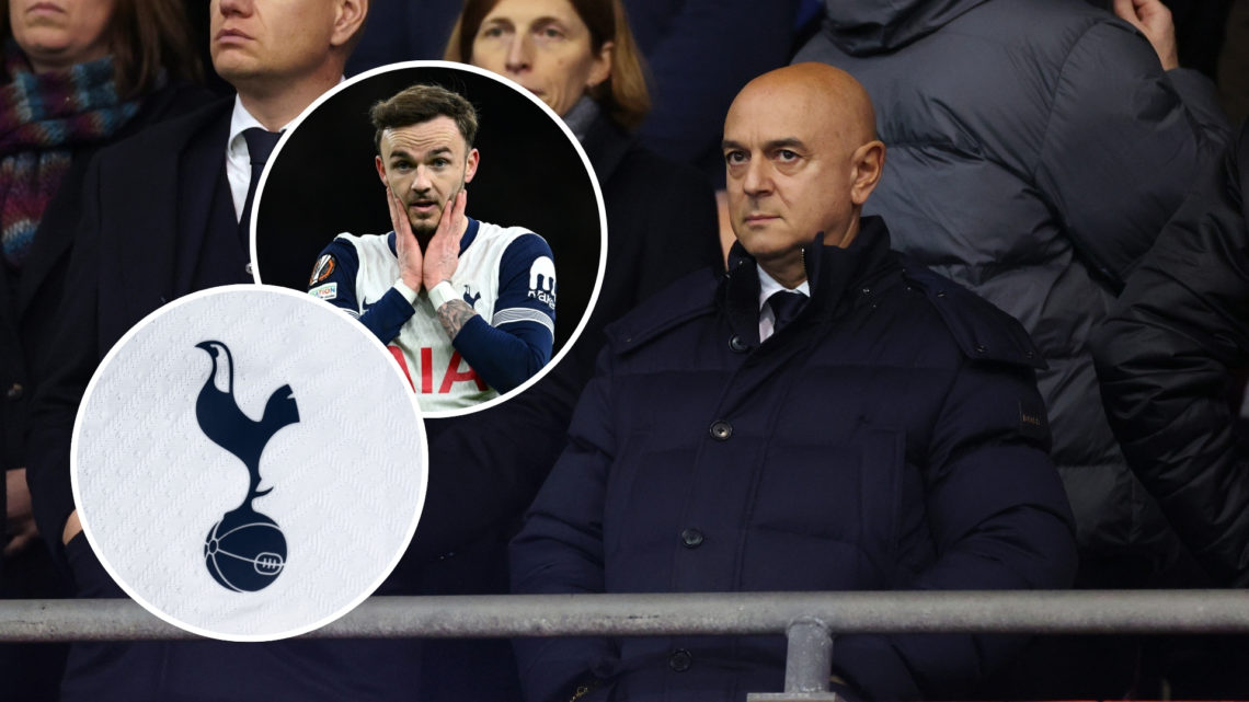 Daniel Levy looks on prior to a Premier League match, with two insets featuring James Maddison looking worried and a Tottenham Hotspur badge.