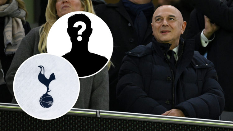 Daniel Levy, Chairman of Tottenham Hotspur, reacts from the stands during a UEFA Europa League match, with two insets of the Spurs badge and a myst...
