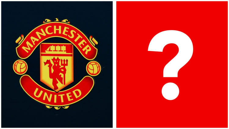 Split image of the Manchester United badge (left) and a giant question mark (right).