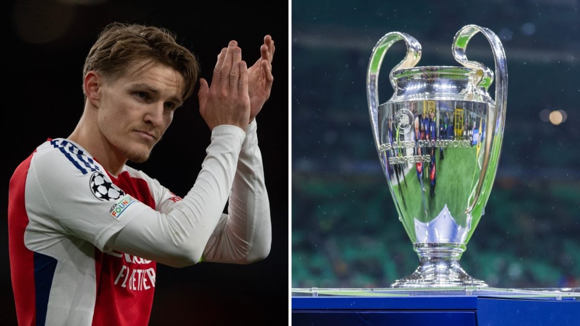 A split image of Martin Ødegaard of Arsenal on the left, applauding the fans after a UEFA Champions League match, and the Champions League trophy o...