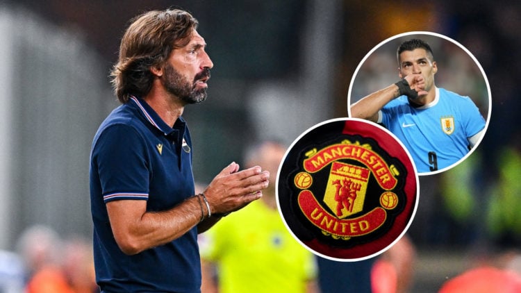 Andrea Pirlo reacts during a Serie B match, with two insets featuring the Manchester United badge and Luis Suárez.