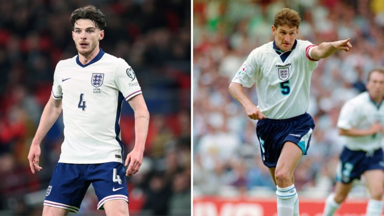 A split image of Declan Rice (left) and Tony Adams (right), both playing for England.