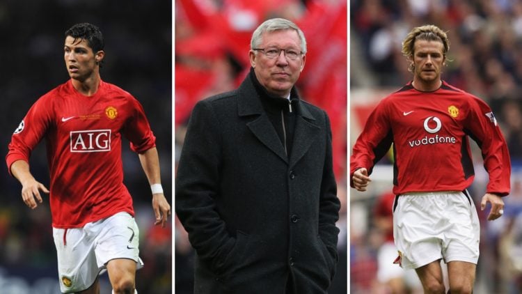 Three-way split image of Ronaldo (left), Beckham (centre), and Sir Alex Ferguson (right), in their Manchester United days.