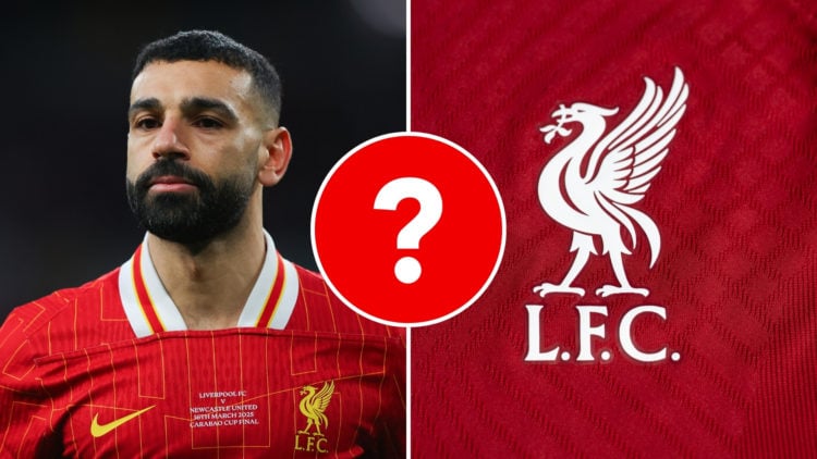 Split image of Mohamed Salah looking on during the Carabao Cup Final (left) and the Liverpool badge (right), with a central inset featuring a quest...