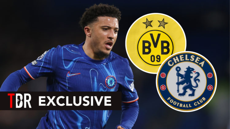 TBR Exclusive image of Jadon Sancho, with insets of the Chelsea and Borussia Dortmund badges.