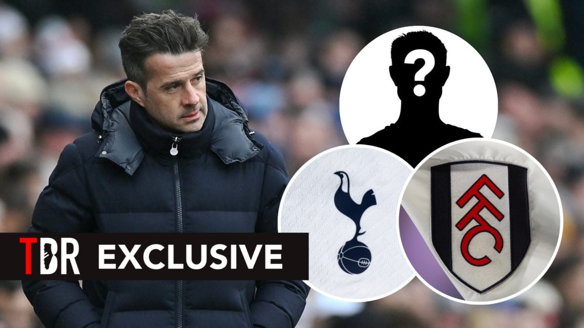 TBR Exclusive: Marco Silva, manager of Fulham, looking on during a Premier League match, with three insets featuring the Spurs badge, Fulham badge,...