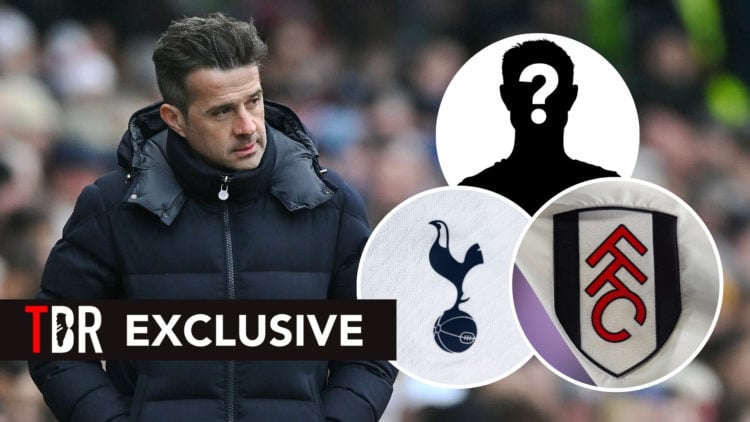 TBR Exclusive: Marco Silva, manager of Fulham, looking on during a Premier League match, with three insets featuring the Spurs badge, Fulham badge,...