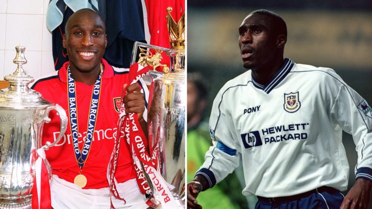 Split image of Sol Campbell in an Arsenal shirt (left) and a Spurs shirt (right).