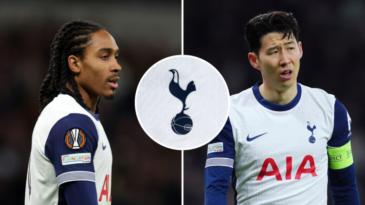 Split image of Djed Spence (left) and Heung-min Son (right), with a central inset of the Tottenham Hotspur badge.