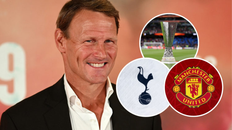 Teddy Sheringham alongside three insets: one of Tottenham's badge, one of Manchester United's badge, and one of the Europa League trophy.