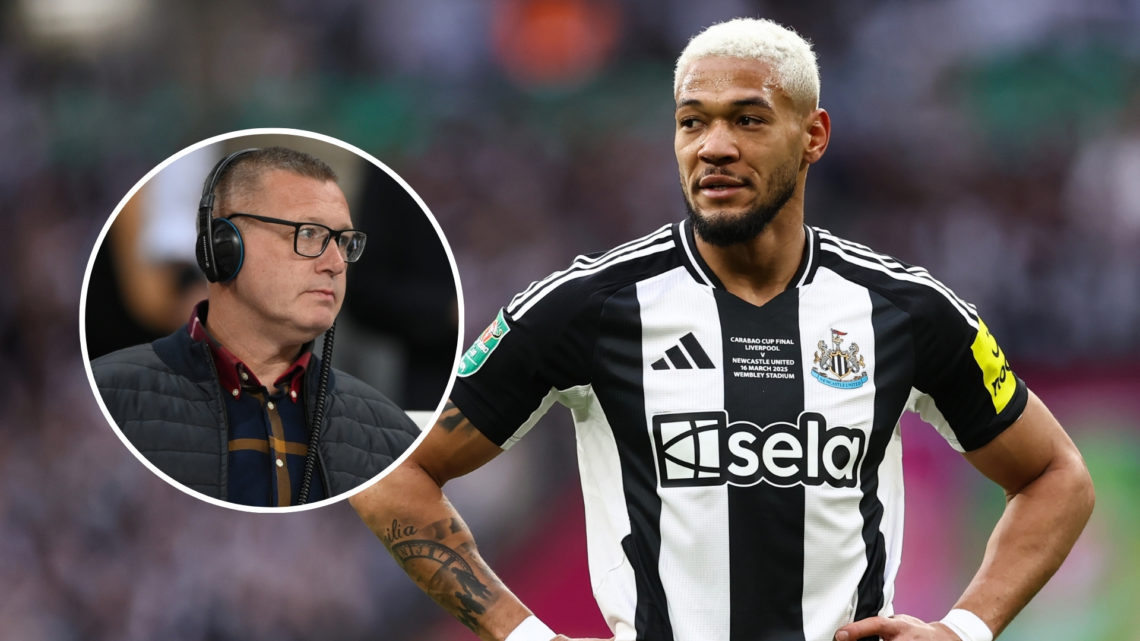 Joelinton of Newcastle United during the Carabao Cup Final, with an inset of pundit Steve Howey.