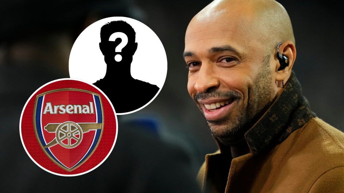 Thierry Henry looking on during a UEFA Champions League 2024/25 match as a pundit, with two insets featuring an Arsenal badge and a mystery player ...