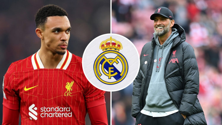 An image featuring a split between Trent Alexander-Arnold and Jurgen Klopp (from his Liverpool tenure), with a circular inset of the Real Madrid ba...