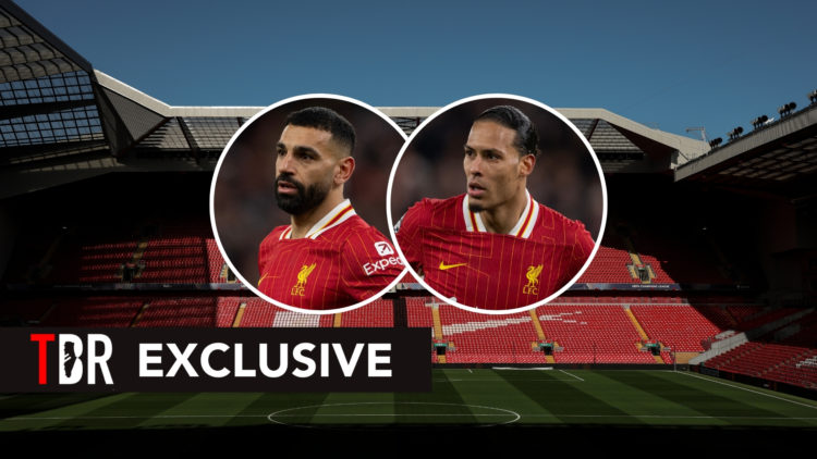 TBR Exclusive: Anfield background with two insets of Salah and Van Dijk looking on during their Champions League game vs PSG.
