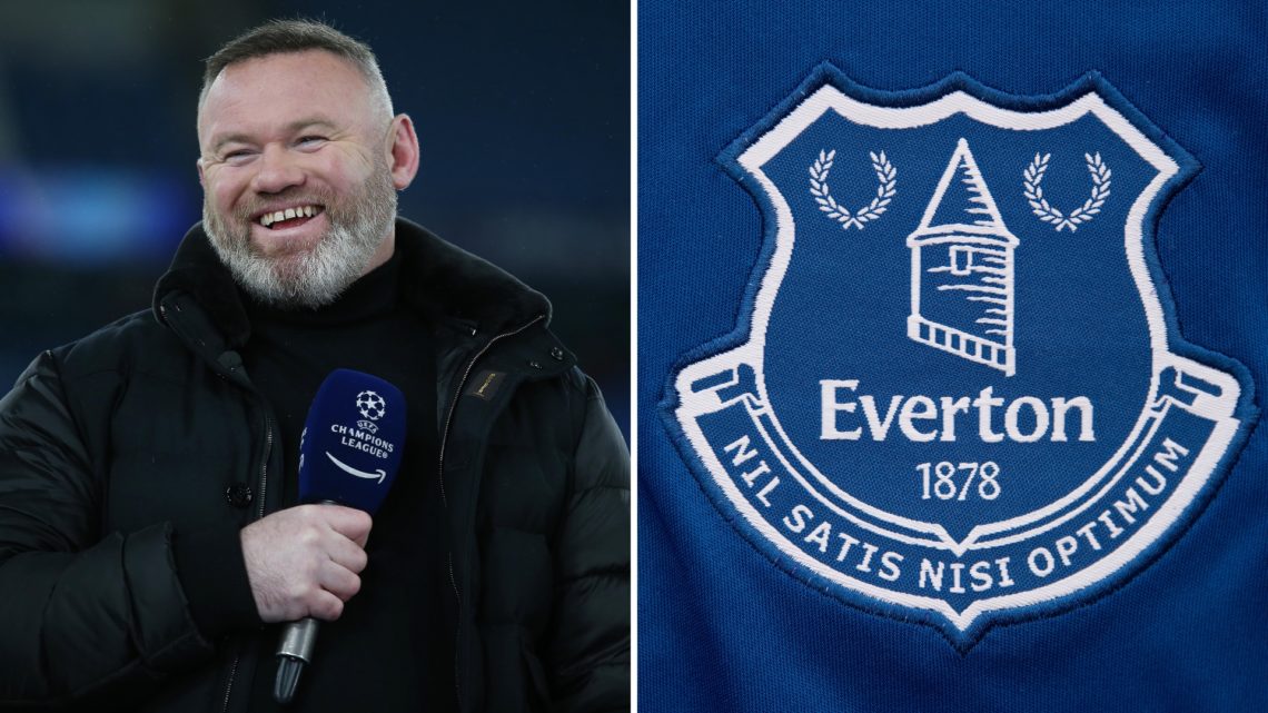 Split image of Wayne Rooney as a pundit (left) and the Everton badge (right).