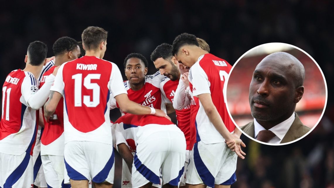 Myles Lewis-Skelly in a crowd of Arsenal players. Inset, Sol Campbell.