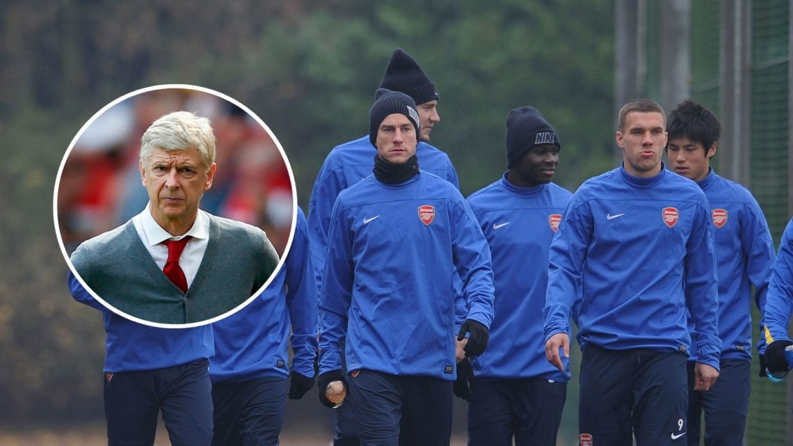 Arsenal players head to training. Inset, Arsene Wenger.