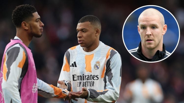 Kylian Mbappe touches hands with Jude Bellingham. Inset, Philippe Senderos.