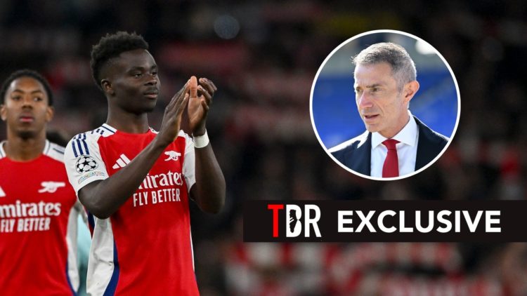 Arsenal’s Bukayo Saka looks on and applauds. Inset, Andrea Berta.