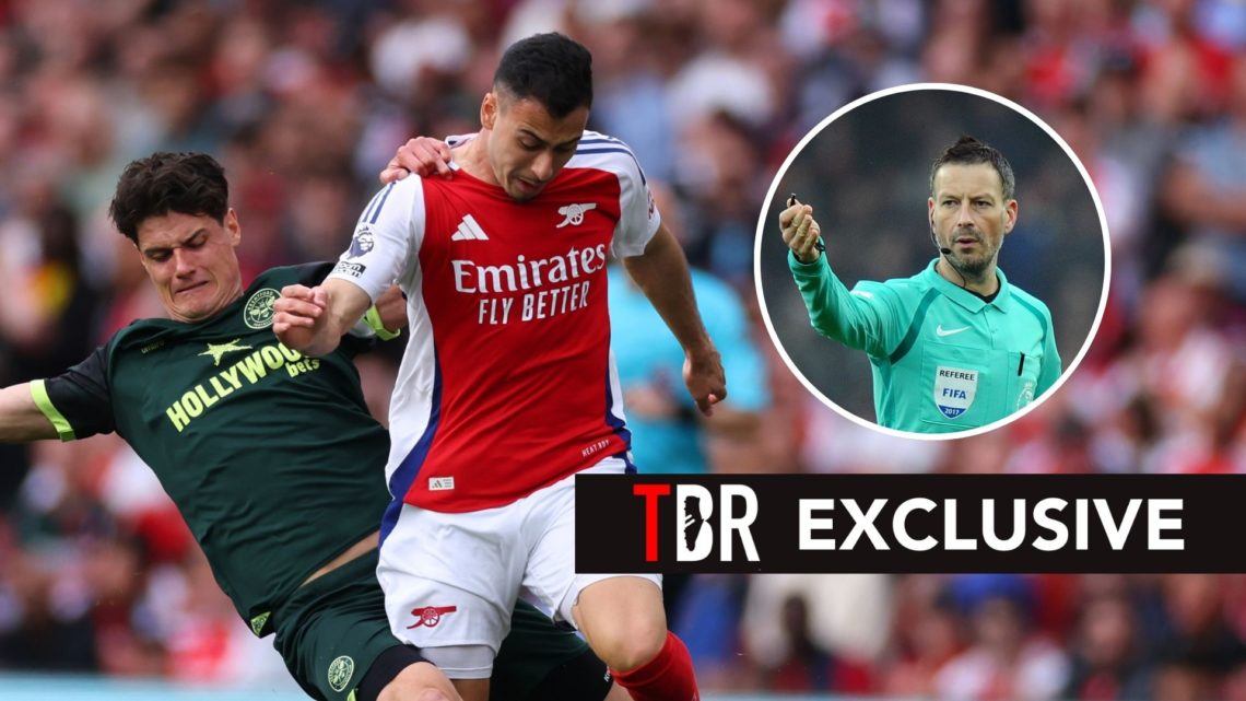 Brentford’s Christian Norgaard fouls Arsenal’s Gabriel Martinelli. Inset, Mark Clattenberg.