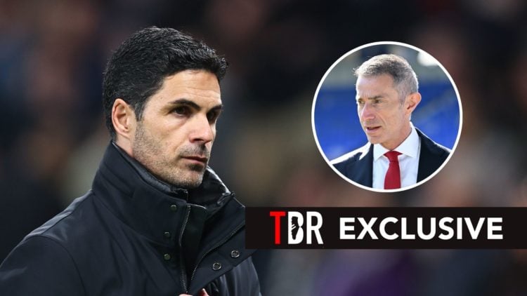 Mikel Arteta looks on. Inset, Andrea Berta.