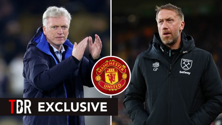 David Moyes applauding split with Graham Potter looking on. Inset, Man United badge.