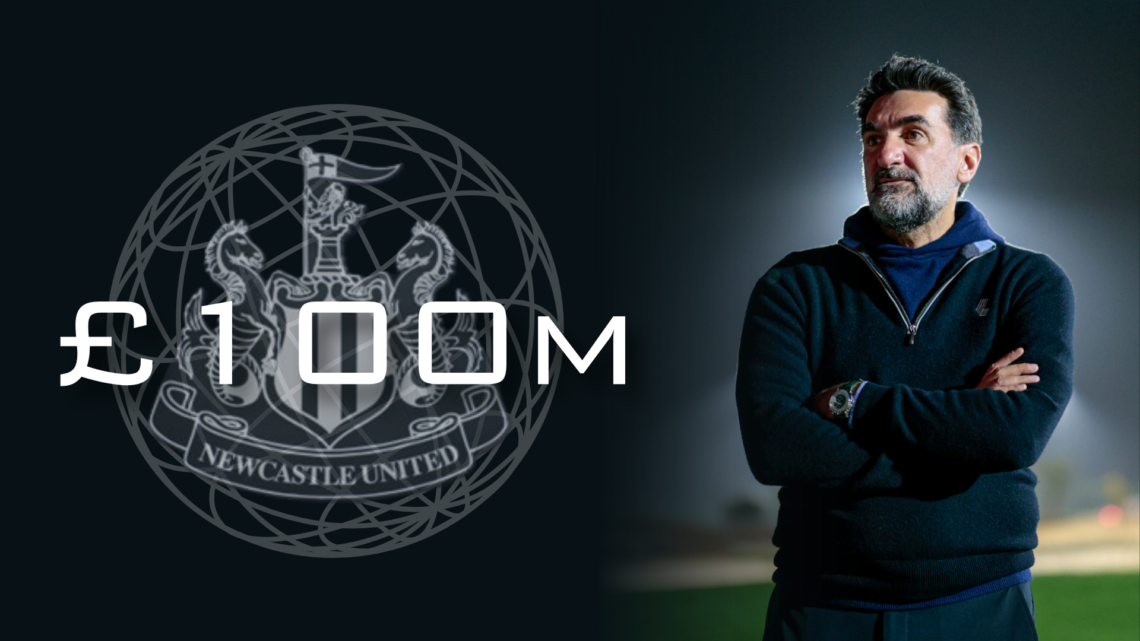 PIF governor Yasir Al-Rumayyan and the Newcastle United badge with '£100m' wordage