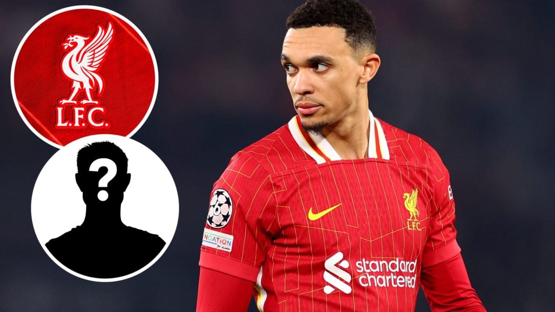 Trent Alexander-Arnold of Liverpool and inset of A detailed view of the Liverpool FC badge and mystery player