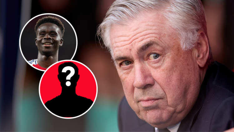 Carlo Ancelotti, head coach of Real Madrid CF. Inset of Arsenal winger Bukayo Saka and mystery player.