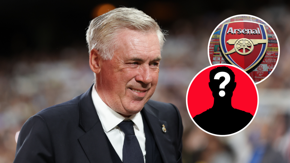 Real Madrid CF manager Carlo Ancelotti. Inset of Arsenal badge and mystery player.