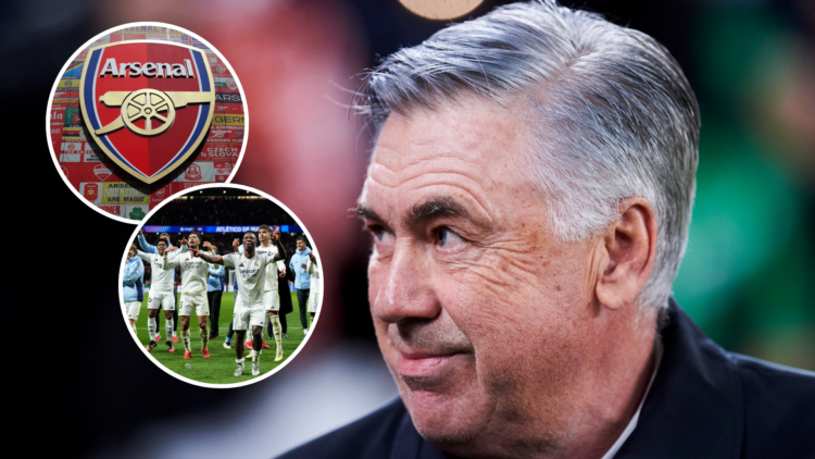 Carlo Ancelotti, head coach of Real Madrid CF. Inset of Arsenal badge and Real Madrid team.