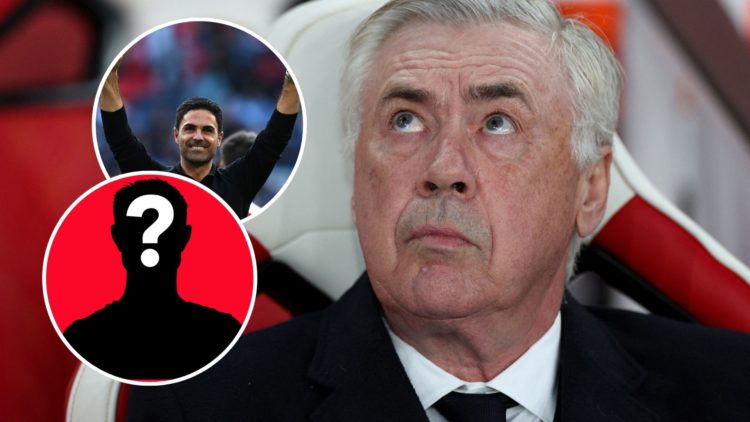 Real Madrid's Italian coach Carlo Ancelotti looks on and Mikel Arteta, Manager of Arsenal celebrates and inset of mystery player