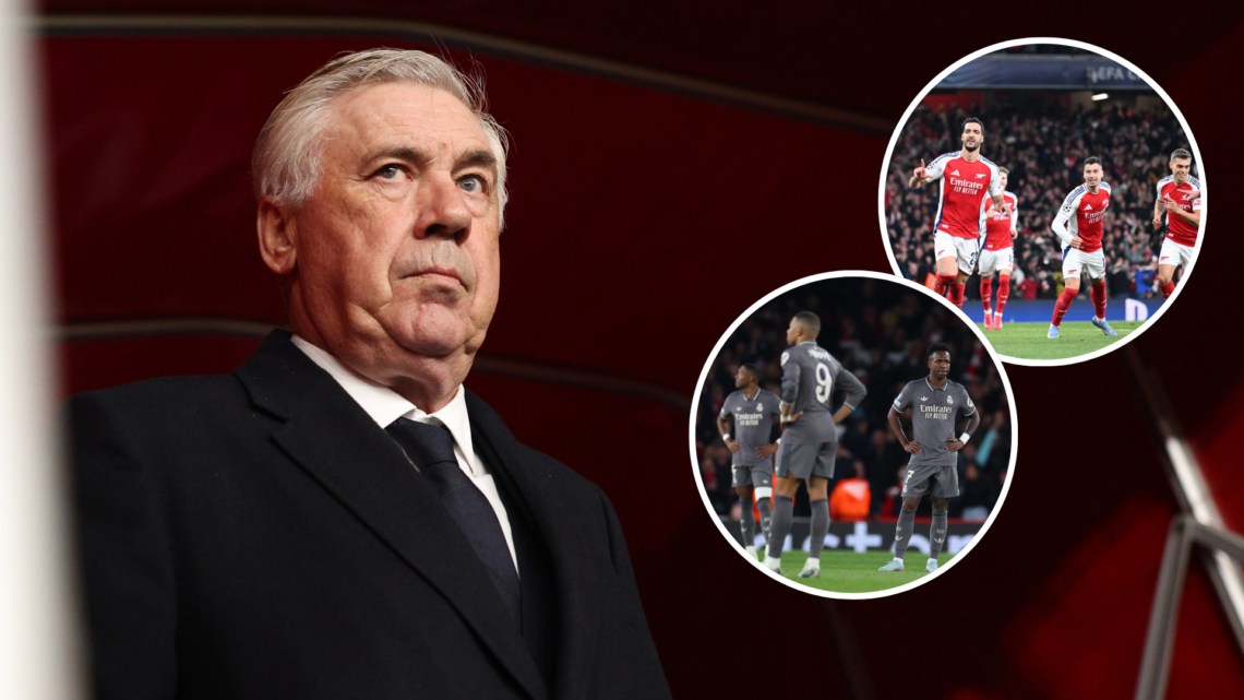 Real Madrid manager Carlo Ancelotti at the Emirates Stadium. Inset of Arsenal players and Real Madrid players.
